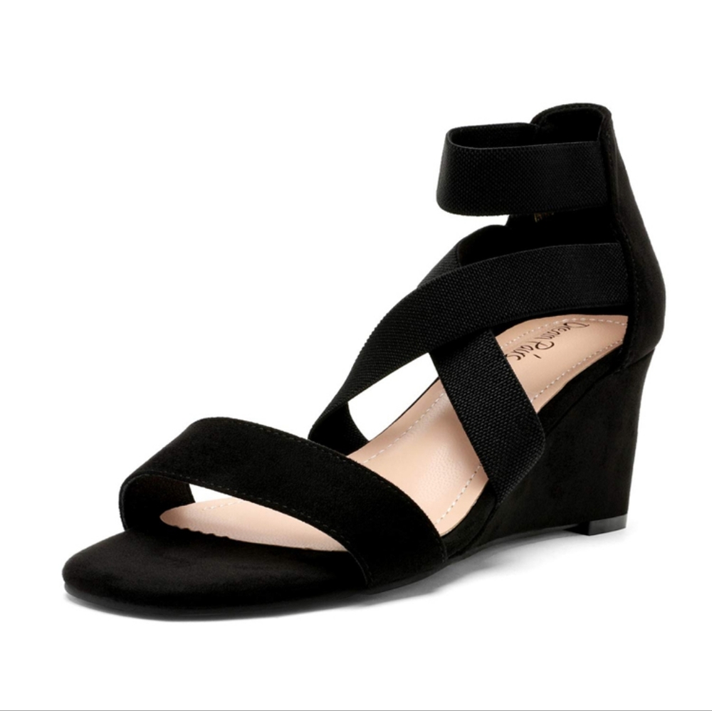 DREAM PAIRS Women's Black Elastic Ankle Strap Open Toe Low Wedge (Sz 8)